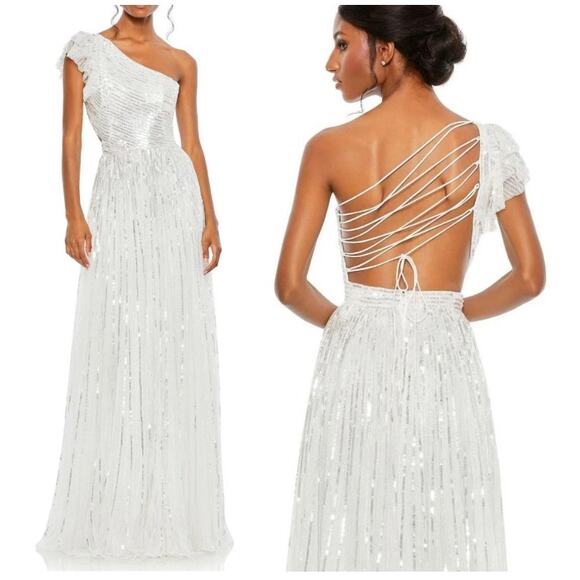 Mac Duggal 5565 Sequin Flutter Sleeve One Shoulder A Line White Gown 0 - Picture 1 of 9